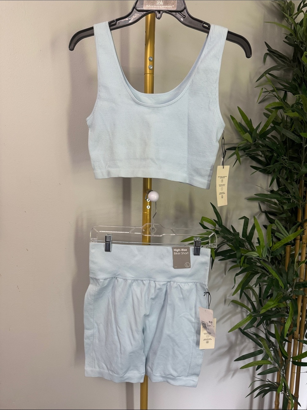 Forever 21 Light Blue Ribbed Crop Tank & High-Waist Biker Shorts Set